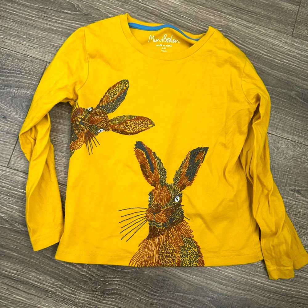 Mini Boden 4-5 Year Bunny Appliqué Long Sleeve Shirt Yellow Mustard Color